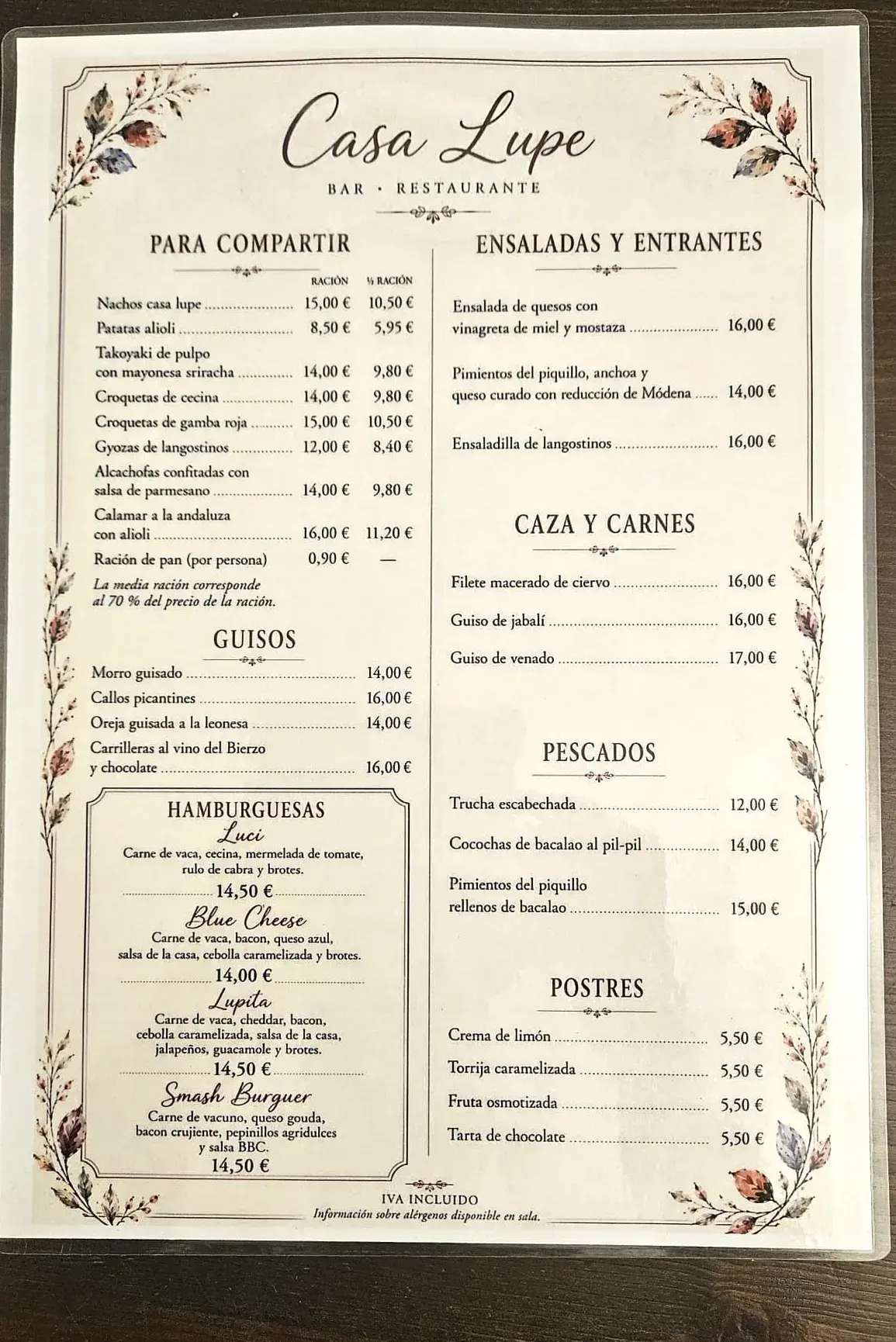 Carta completa de Casa Lupe Bar con precios: para compartir, guisos, caza, pescados, hamburguesas y postres